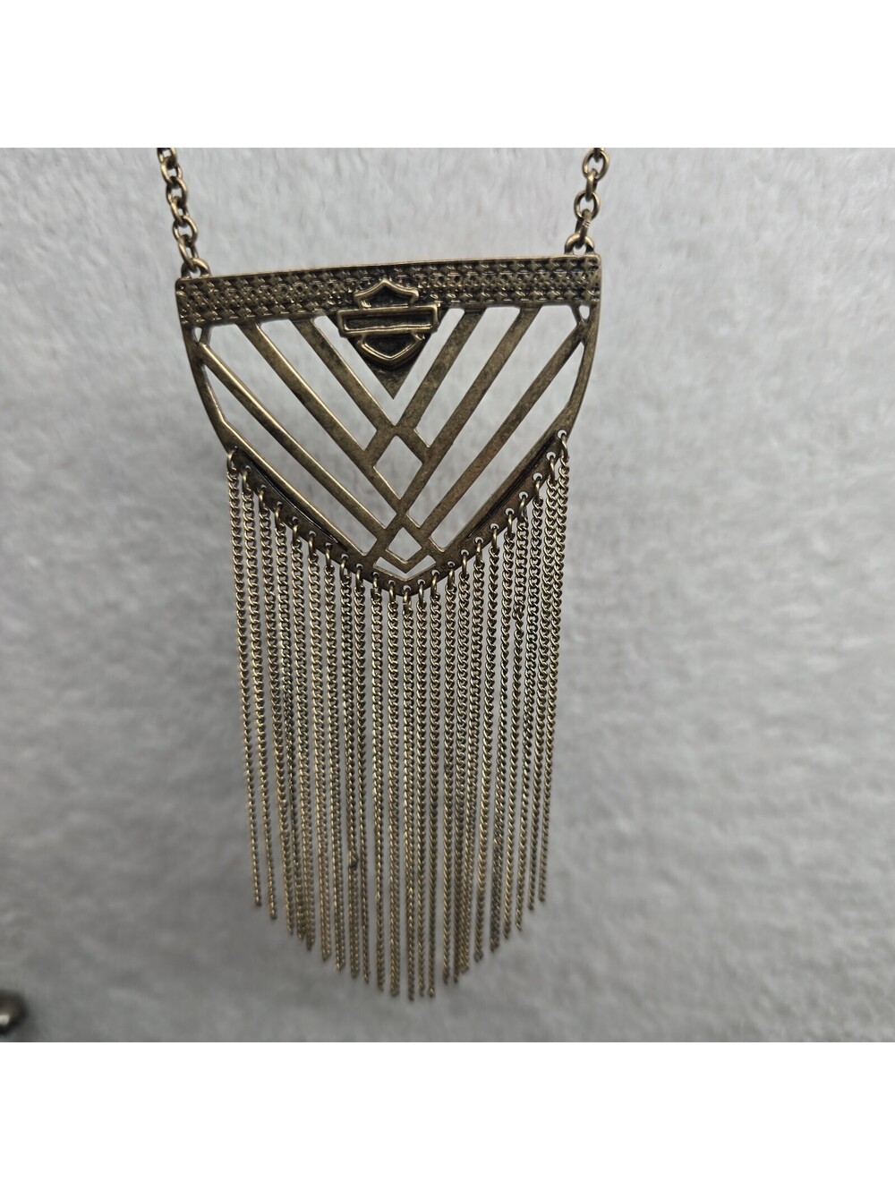 Womens Harley Davidson Geometric Layered Bronze Tone Chain Necklace Fringe